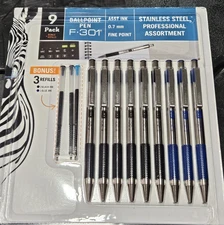 9 Zebra F-301 F301 Ball Point Pens Fine Ink 0.7mm + 3 Refills Blue Black 12117