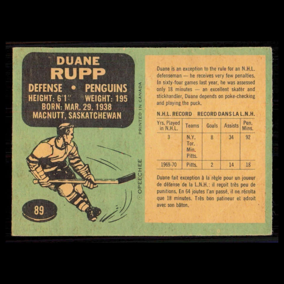 Duane Rupp #89 1970 O-Pee-Chee Pittsburgh Penguins Hockey Card NHL EX - Image 2 of 3