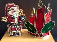 1-Vintage Heather Goldminc Blue Sky Santa Clause T-Light Holder + Stained Glass 