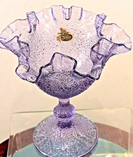 Vintage Fenton Purple Glass Wisteria Tree Of Life 6.5” Ruffled Edge Compote