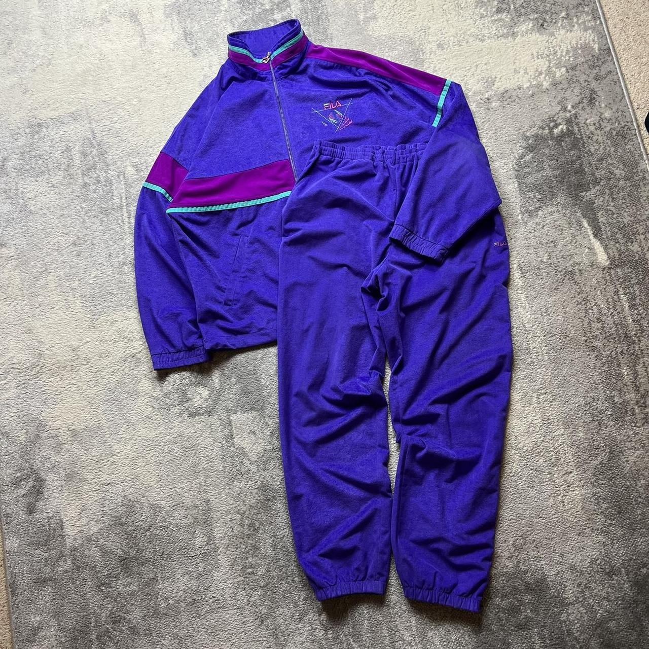 Vintage 80s Fila Tracksuit XL Mens Velour Suede Purple 2 Piece Track Top Joggers image 4