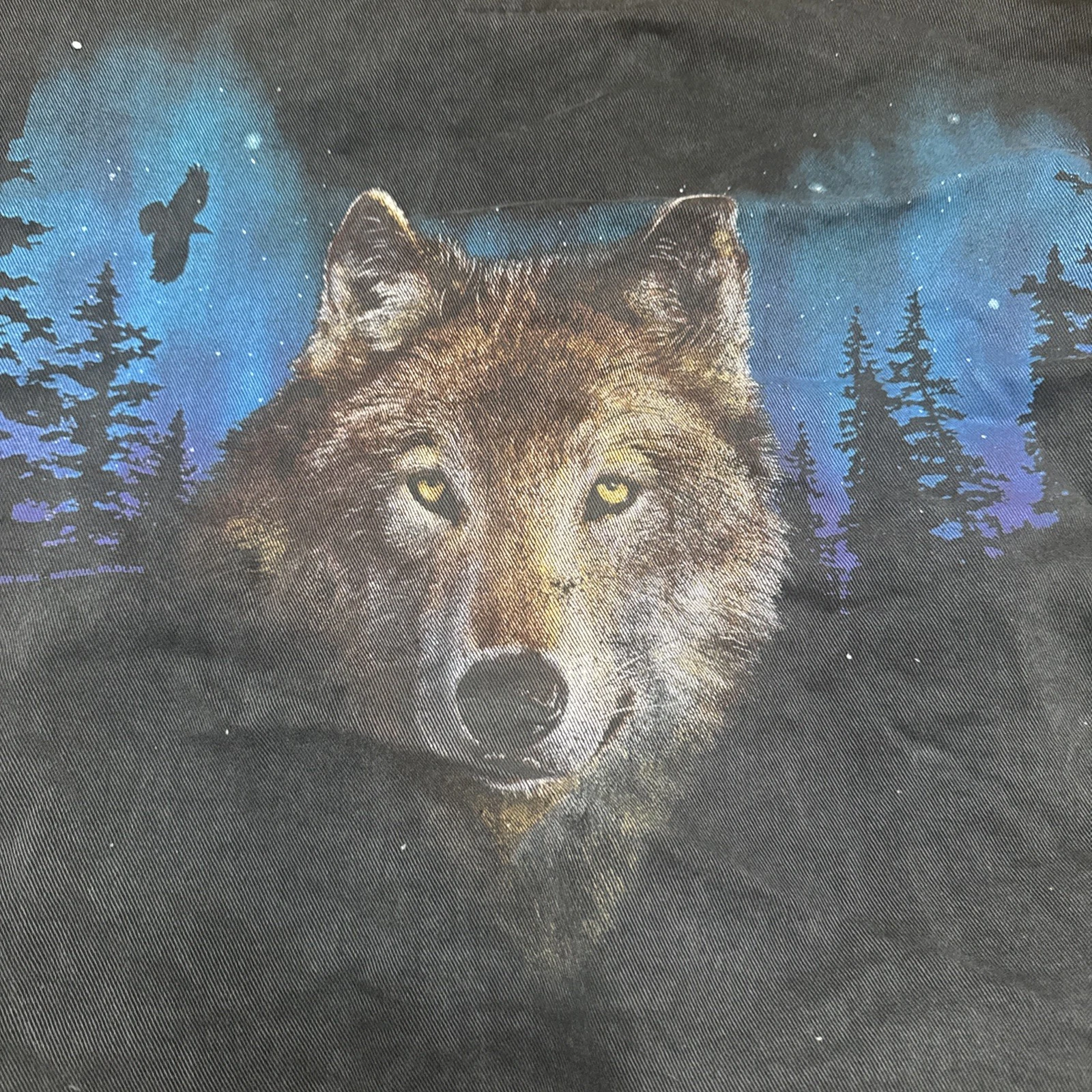 Vtg Denim Jacket Men Medium M Black Tan Letterman Bomber Nature Wolf Call Wild