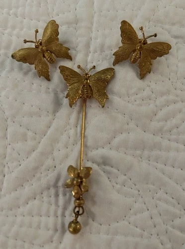Vintage Miriam Haskell Butterfly Earrings Stickpin Gold tone Matte Unique design
