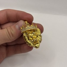Y2K Gold Plated Iced Out Lion Pendant Crown Stainless Steel Brand New Big