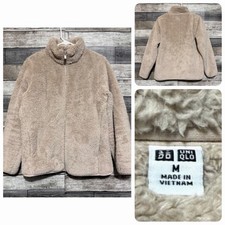 Uniqlo Teddy Sherpa Fleece Full Zip Jacket Women s M Beige Tan Pockets Soft Warm