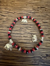 Red  Black Beaded Stretch Bracelet with Gold Tone Elephant Charms
