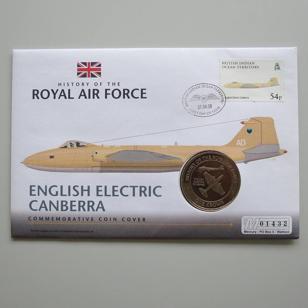 2008 History of the RAF English Electric Canberra Aircraft 1 Crown Coin Cover - Gibraltar PNC First Day Covers - Royal Air Force