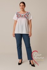 Handmade Mexican Embroidered Blouse White Cotton M/L   Colorful Traditional Top