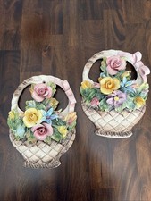 CAPODIMONTE PORCELAIN- Beautiful Detailed Floral Basket Wall Decor - Set Of 2