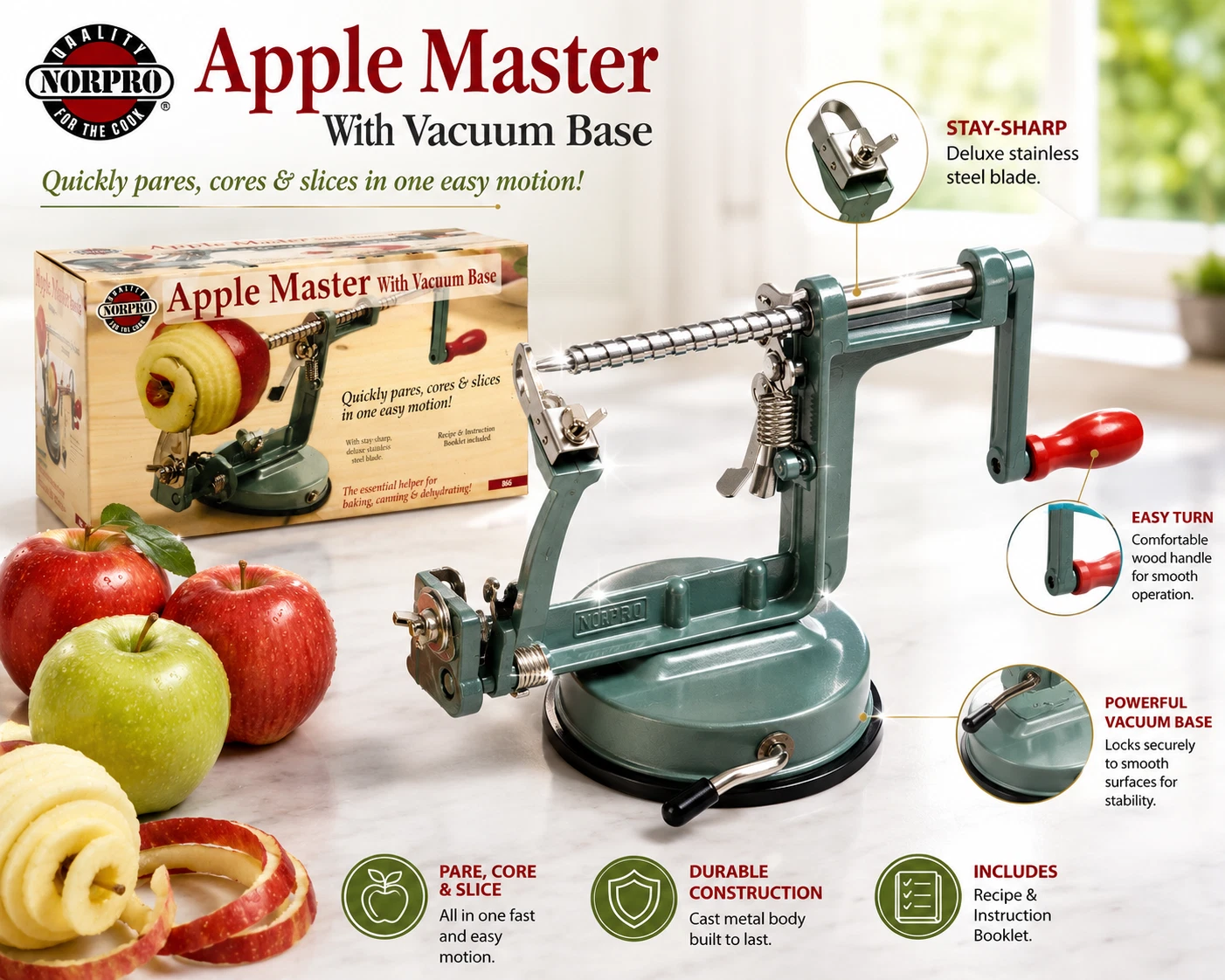Norpro Apple Master Apple Peeler Corer Slicer with Vacuum Base | Stainless Steel
Opens in a new wind
