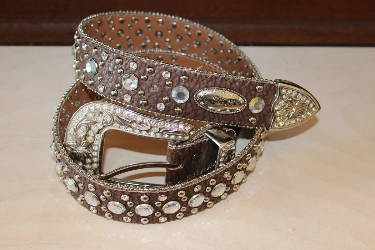 Unisex Black Leather Belt with Red Rhinestones 40