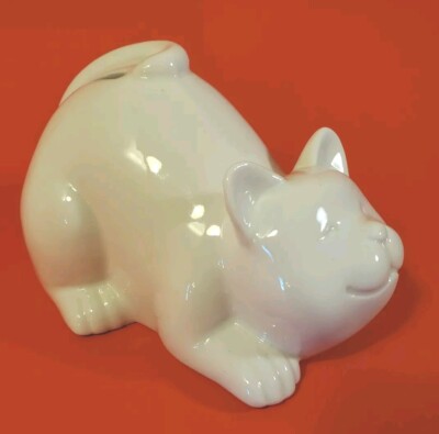 Ceramic White Cat Piggy Bank Crouching & Smiling