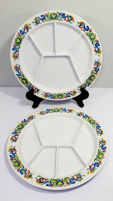 Kenro #576 Melamine Divided Fondue Plates Birds/Hearts/Rooster EUC Lot of 2
