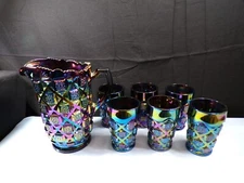 Westmoreland Amethyst Carnival Glass Old Quilt Water Set Pitcher 6 Tumblers INV2