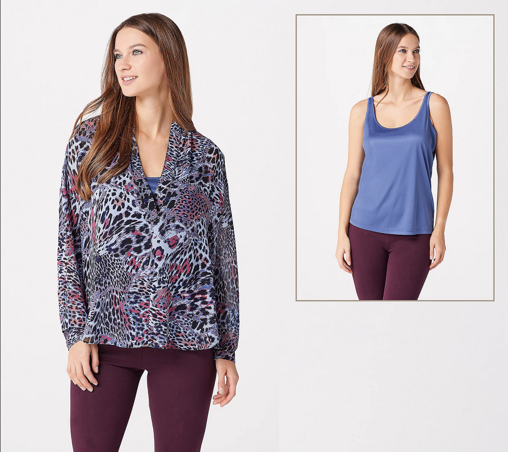 Lisa Rinna Collection Printed Blouse with Tank-French Blue-XL Lisa Rinna Collection Printed Blouse with Tank-French Blue-XL