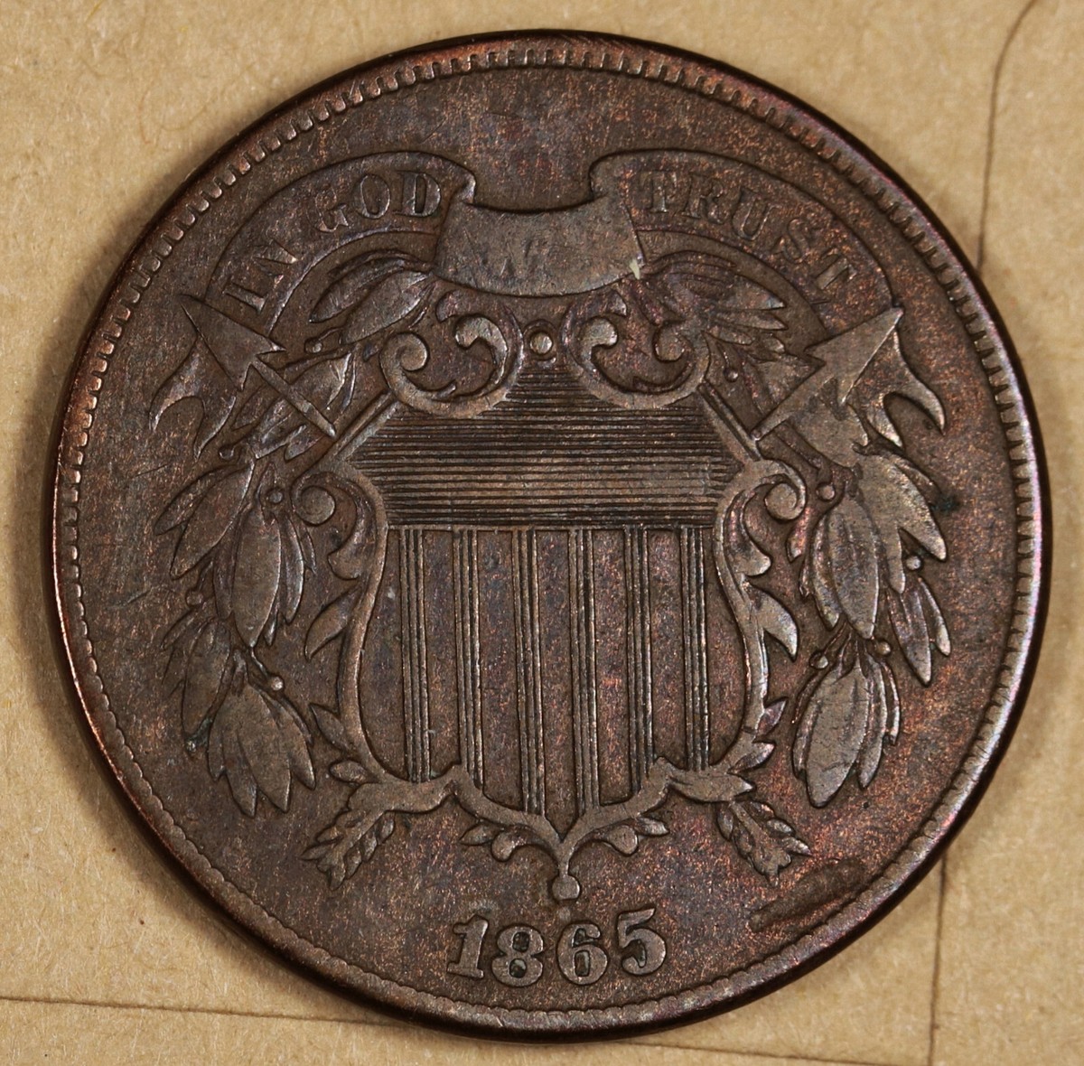 1865 2 Cent Piece. Error. Strike over Obverse Right of Date. VF