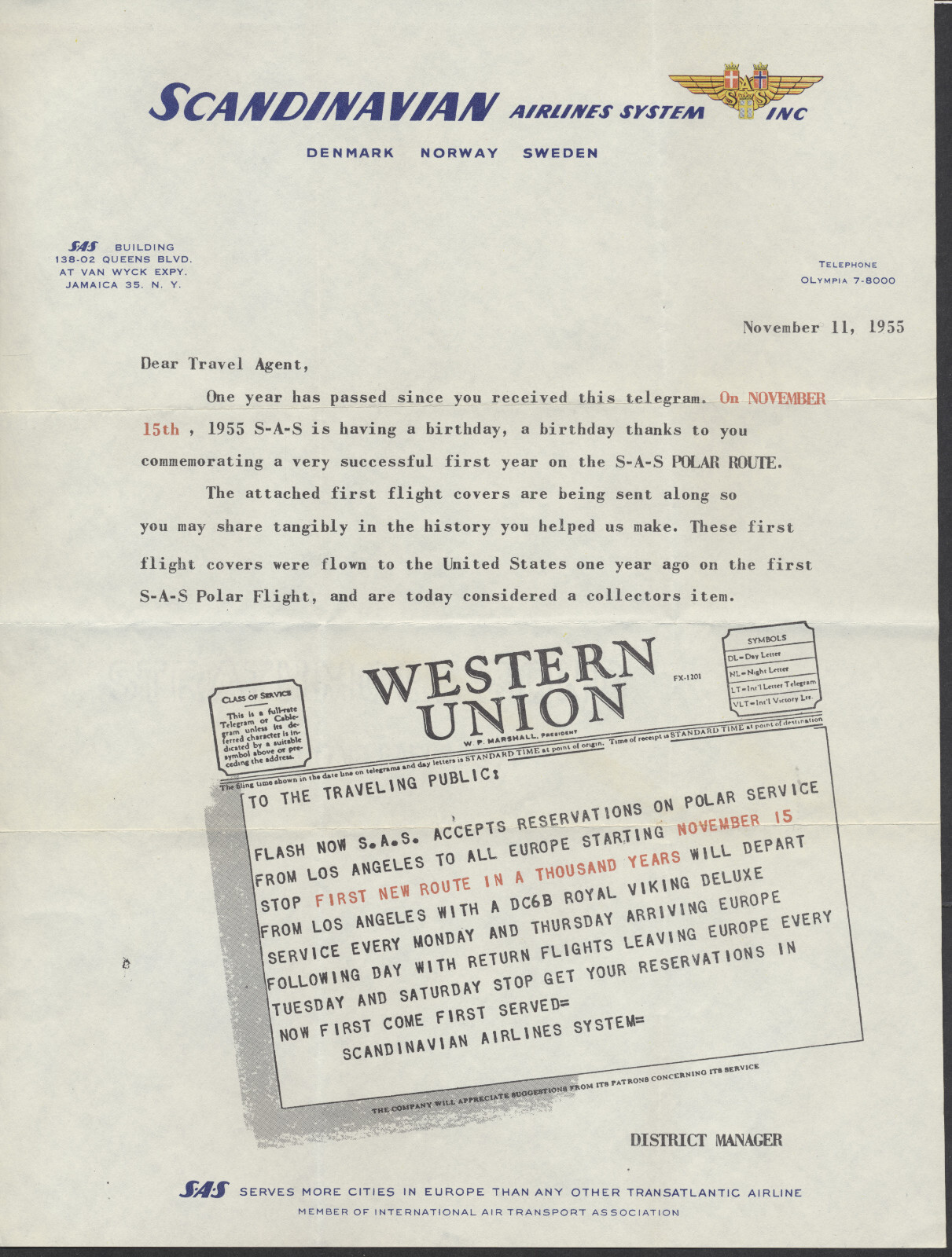 1954 Set of 4 SAS Flight Covers to Los Angeles +Inserts +Letter