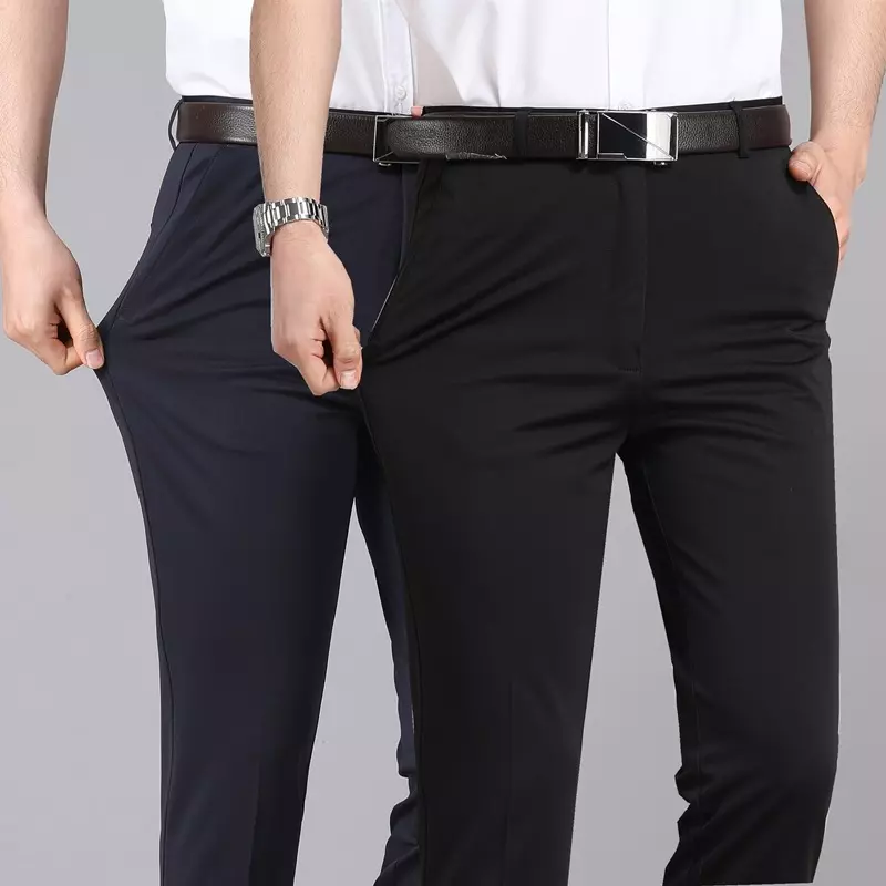Mens Stretchy Dress Suit Pants Straight Trouser Business Office Casual Summer