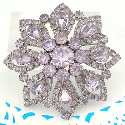 Vintage Signed Kramer Lavender Icy Purple Rhinestone Flower Star Brooch Pin 2.5''