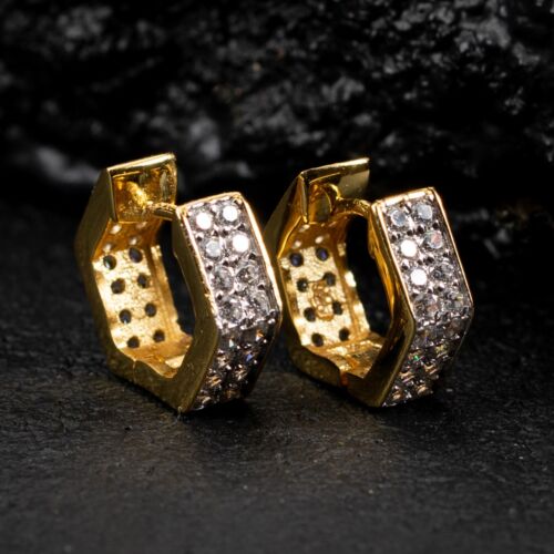 Men's Iced Two Tone Gold 925 Sterling Silver Huggie Octagon Hoop Earrings - Picture 3 of 5