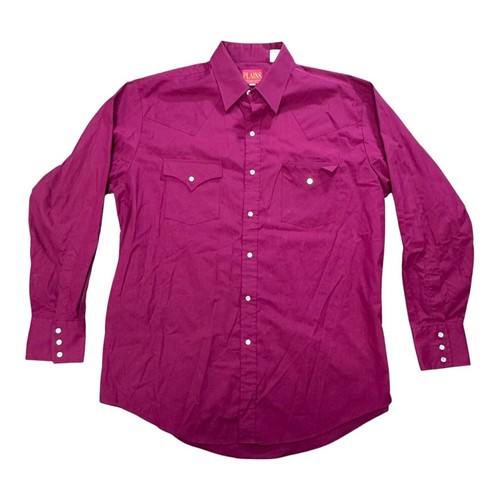 Plains Western Wear Long Sleeve Button-Down Shirt Large Magenta Red Cotton Blend