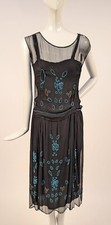 FLAPPER 1920  S SHEER SILK CHIFFON DRESS W BLUE GLASS BEADING