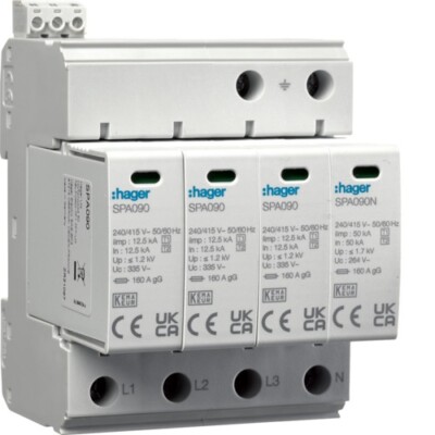 Hager Überspannungsableiter Blitzschutz Photovoltaik Typ B+C T1+T2 MOV 4P SPA931