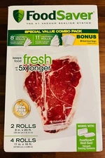 FoodSaver Vacuum Variety Pack:  2 Rolls 8"x20’ 4 Rolls 11"x16', 6 Gallon Bags