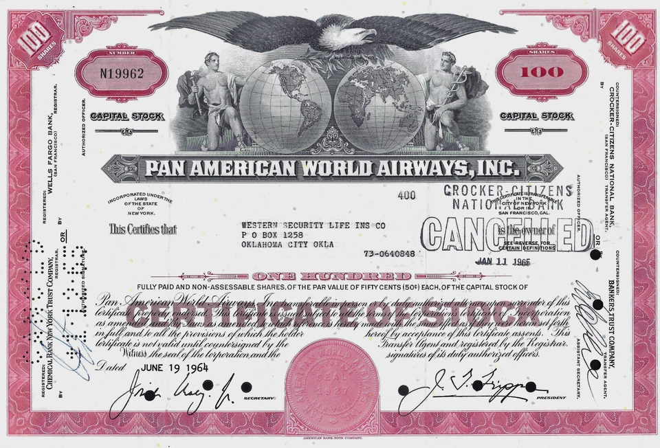 Pan American World Airways Inc.,  19. 06. 1964  - 100 Shares - Bild 1 von 1