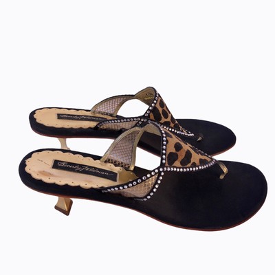 BEVERLY FELDMAN Size 8.5 Black Leopard Embellished Kitten Heel Thong Sandals | eBay