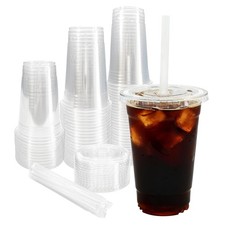 20 oz 100 Pack Clear Plastic Cups with Lids and Straws, Disposable Iced Coffe...