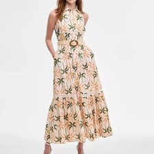 Taylor Printed Taffeta Belt Sleeveless Palm Tree A Line Maxi Dress Womens 8 NWT