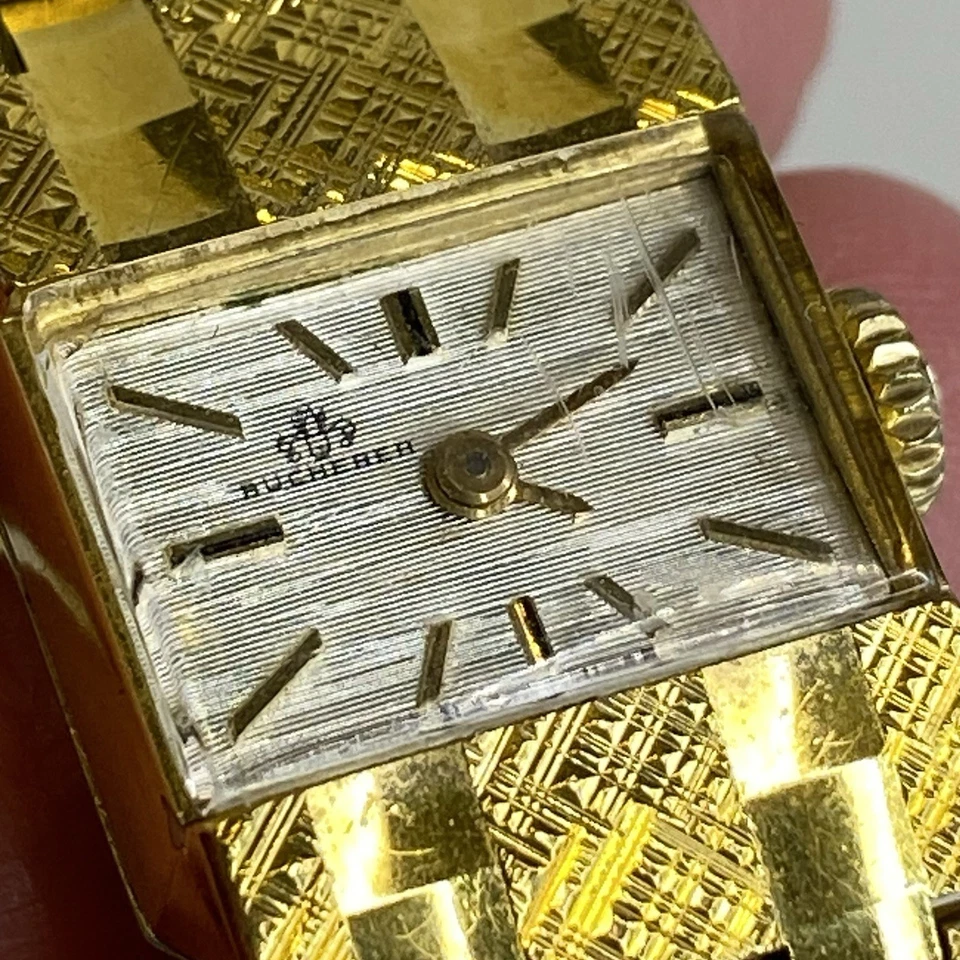 Reloj suizo Bucherer vintage para dama chapado en oro cuerda manual pulsera rectangular Foto 3 de 4