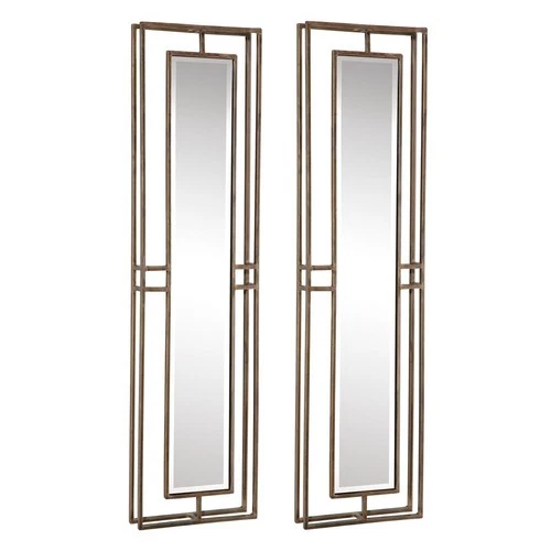 UTTERMOST 07082 RUTLEDGE SET OF 2 ANTIQUE GOLD LINEAR METAL FRAME BEVEL MIRRORS - Picture 5 of 5