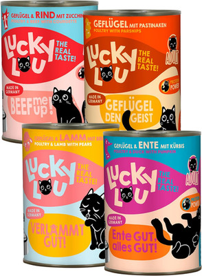 Lucky Lou Adult Mix Paket Katzenfutter nass 24 x 400 g Dosen 4 Sorten