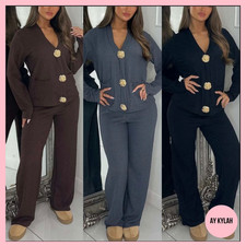 Women's Long Sleeve Co-Ord V Neck Gold Button Textured Waffle 2 Piece Ladies Set