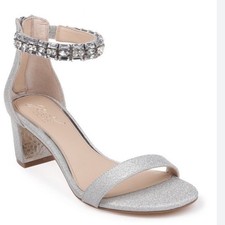 Jewel Badgley Mischka Womens Silver Glitter Rhinestone Ankle Strap Block Heels 9