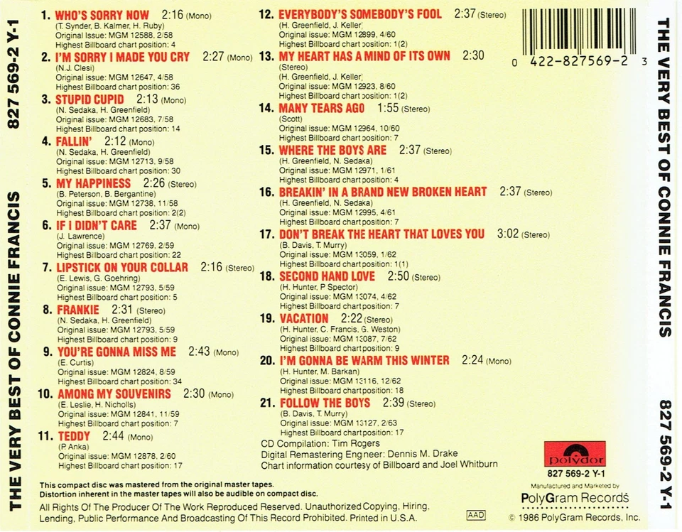 (CD) Connie Francis – The Very Best Of Connie Francis -Connie's 21 Biggest Hits! - Bild 2 von 2