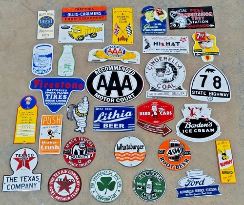 Lot of 30 Porcelain Enamel Signs – Mixed Designs, Vintage Style, single sided