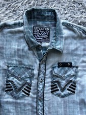 Affliction Shirt Mens Large Blue Y2K Black Premium Embroidered Button Up Grunge