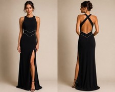 Vintage Dave  Johnny Black Formal Dress Open Back Rhinestone Maxi Slit Size 7/8
