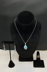 Sterling Silver 925 Dendritic Stone Necklace Earrings Ring Jewelry Set 13.3g