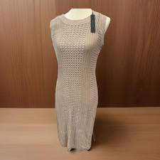 Crochet Cover up Tahari Beige Knit Sleeveless Round Neck Sheath Midi Dress L