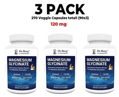 Dr. Berg, Magnesium glycinate, 3 packs, 120mg, 90 capsules per vegetable capsule