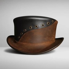 Handmade Steampunk Leather Top Hat: Brown  Black Brass Eyelet Design