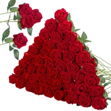 50 Pcs Red Roses Artificial Flowers, Fake Velvet Silk Rose Bulk Faux Flower f...