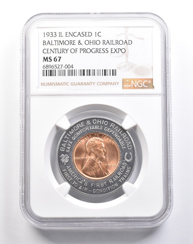 1933 IL Encased Cent B&O Railroad Century Of Progress Expo MS67 NGC a4871