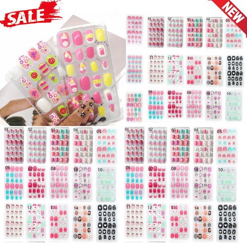 24pc/set Fake Nails Children Kids Manicure Press on Full Cover Short False Nail☋