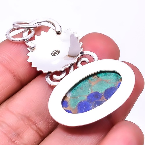 Copper Azurite Chrysocolla Designer Handmade 925 Sterling Silver Pendant 1.95"P3 - Picture 2 of 3