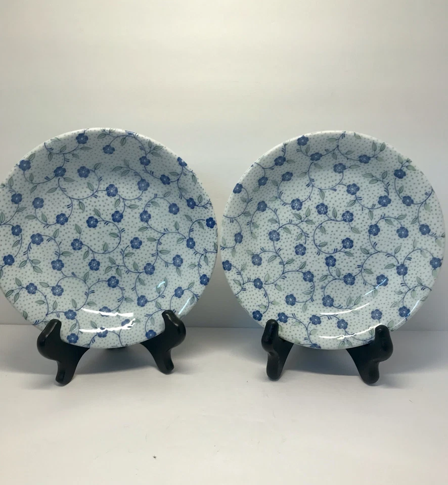 Set Of 2 Bowls Blue Flowers Green Leafs & Polka Dots Chintz Japan Porcelain - Image 2 of 4